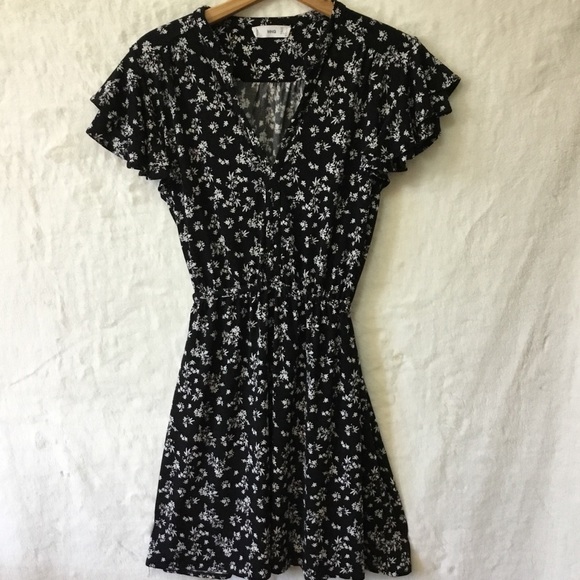 MNG Black Ruffle Cap Sleeve Floral Mini Dress - Picture 1 of 15